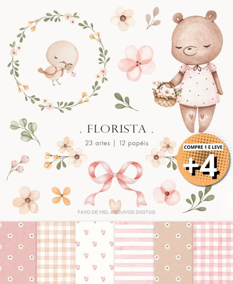 Kit Digital Ursinha Florista Aquarela (pague 1 e Leve +4)