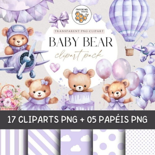 Kit Digital Ursinha Lilás Aquarela Premium -purple Baby Bear