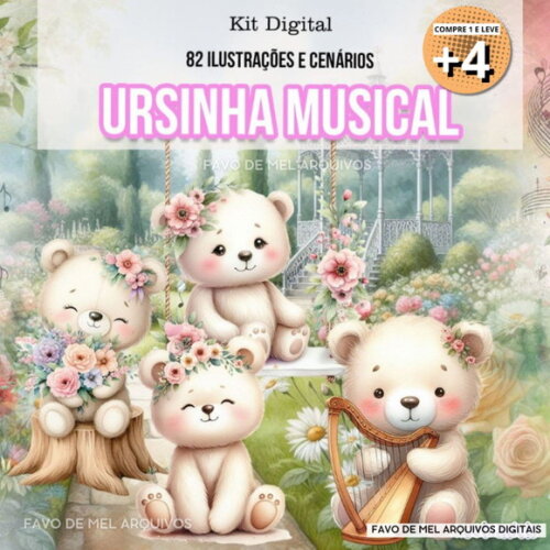 Kit Digital Ursinha Musical Aquarela (pague 1 Leve 5)