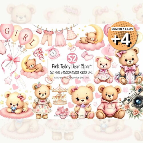Kit Digital Ursinha Rosa Aquarela #13 (pague 1 Leve +4)