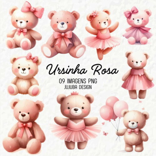 Kit Digital Ursinha Rosa Aquarela #12 Png Premium