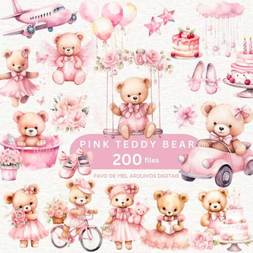Kit Digital Ursinha Rosa Aquarela #14 Png Premium