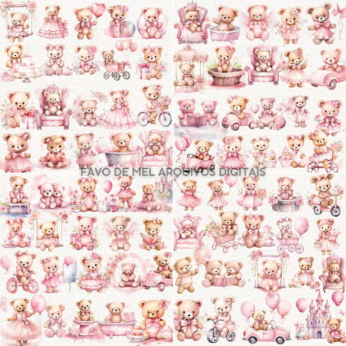 Kit Digital Ursinha Rosa Aquarela #14 Png Premium