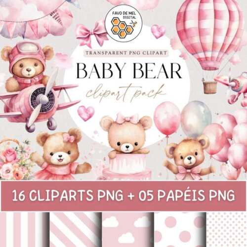Kit Digital Ursinha Rosa Aquarela Premium - Pink Baby Bear