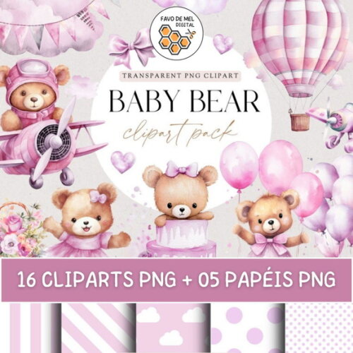 Kit Digital Ursinha Rosa Aquarela Premium - Lilac Baby Bear