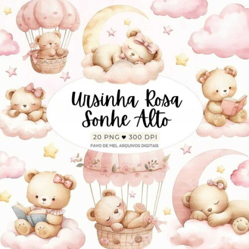 Kit Digital Ursinha Rosa Sonhe Alto Aquarela Png Premium