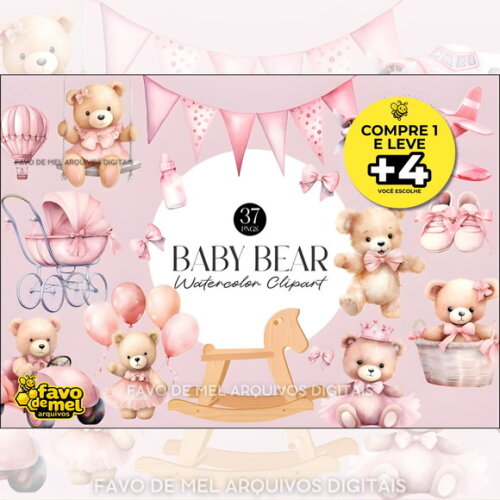 Kit Digital Ursinha Teddy Rosa Aquarela Png #15