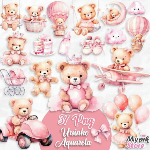 Kit Digital Ursinha Teddy Rosa Aquarela Png #15