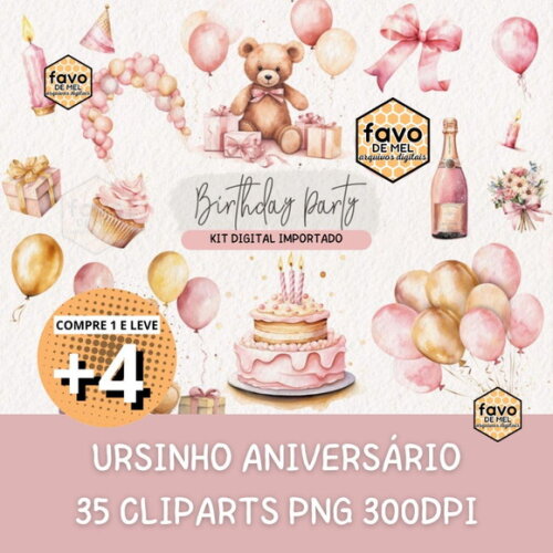Kit Digital Ursinho Aniversário - Birthday Party Mesversário