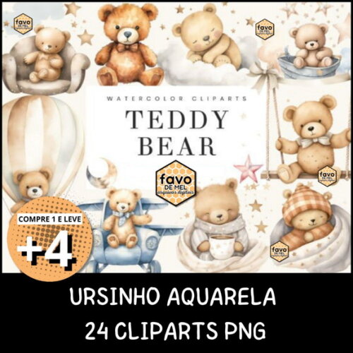 Kit Digital Ursinho Aquarela - Teddy Bear (bd)