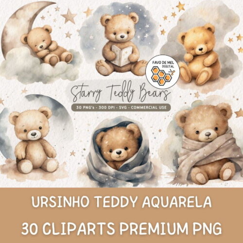 Kit Digital Ursinho Aquarela Premium - Starry Teddy Bear