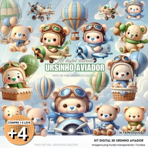 Kit Digital Ursinho Aviador 3d (pague 1 Leve +4)
