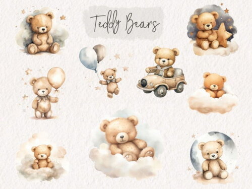 Kit Digital Ursinho Aquarela Premium - Starry Teddy Bear
