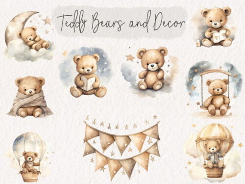 Kit Digital Ursinho Aquarela Premium - Starry Teddy Bear