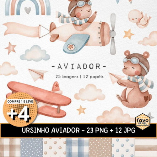 Kit Digital Ursinho Aviador Aquarela