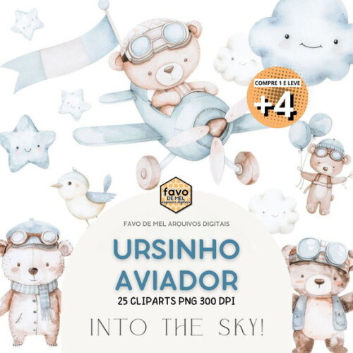 Kit Digital Ursinho Aviador Aquarela (pague 1 Leve +4) Paa