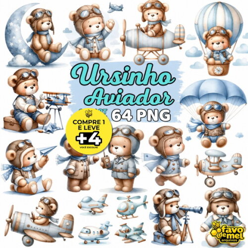 Kit Digital Ursinho Aviador Aquarela #12
