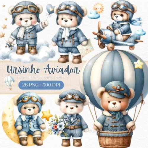 Kit Digital Ursinho Aviador Aquarela #9 Png Premium
