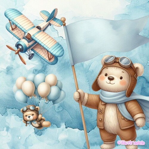 Kit Digital Ursinho Aviador Aquarela Png (pague 1 Leve 5)