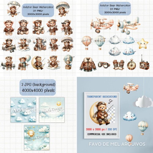 Kit Digital Ursinho Aviador Aquarela Premium