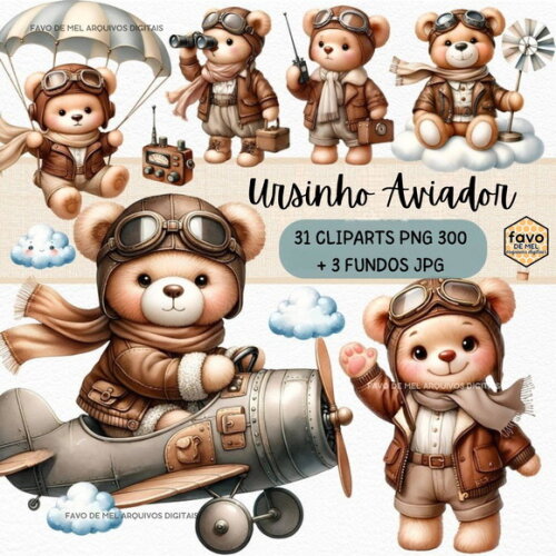 Kit Digital Ursinho Aviador Aquarela Premium