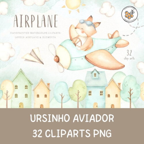 Kit Digital Ursinho Aviador Aquarela Premium
