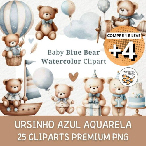 Kit Digital Ursinho Aviador Azul Aquarela #5 Png