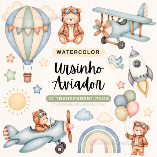 Kit Digital Ursinho Aviador Azul Aquarela #11 Png