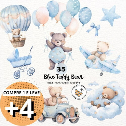 Kit Digital Ursinho Azul Aquarela - Blue Teddy Bear