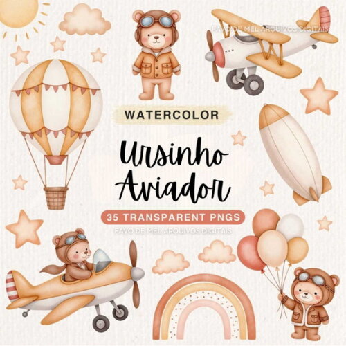 Kit Digital Ursinho Aviador Neutro Aquarela #10 Png Premium