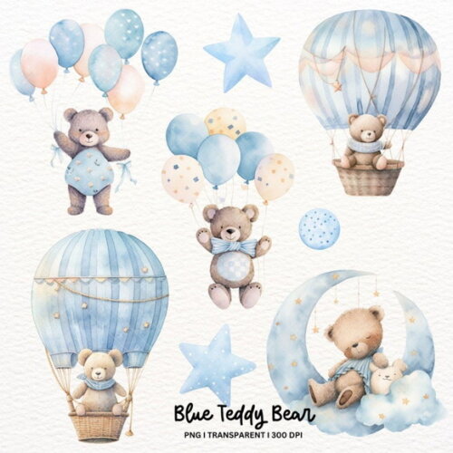 Kit Digital Ursinho Azul Aquarela - Blue Teddy Bear