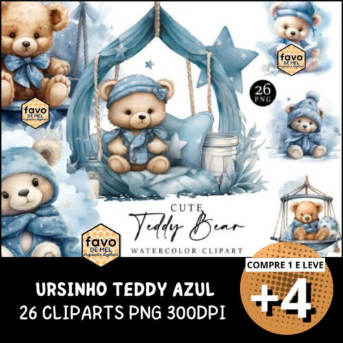 Kit Digital Ursinho Azul Aquarela #12 Cute Teddy Bear Ds