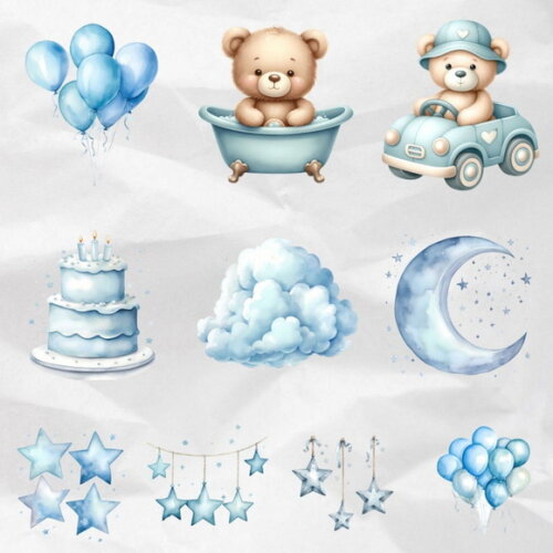 Kit Digital Ursinho Azul Aquarela #11 Blue Teddy Bear