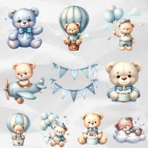 Kit Digital Ursinho Azul Aquarela #11 Blue Teddy Bear