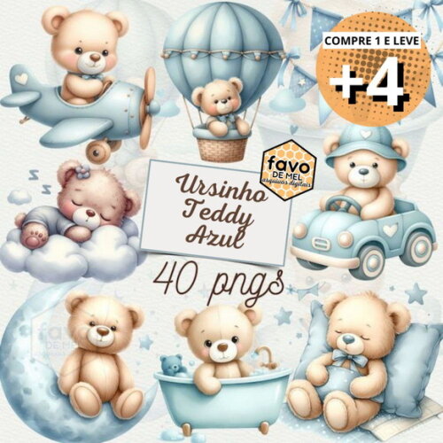 Kit Digital Ursinho Azul Aquarela #11 Blue Teddy Bear