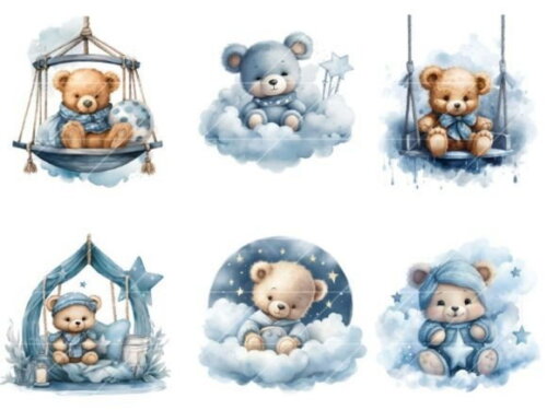 Kit Digital Ursinho Azul Aquarela #12 Cute Teddy Bear Ds
