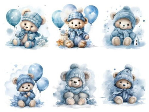 Kit Digital Ursinho Azul Aquarela #12 Cute Teddy Bear Ds