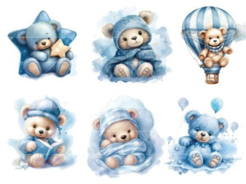 Kit Digital Ursinho Azul Aquarela #12 Cute Teddy Bear Ds