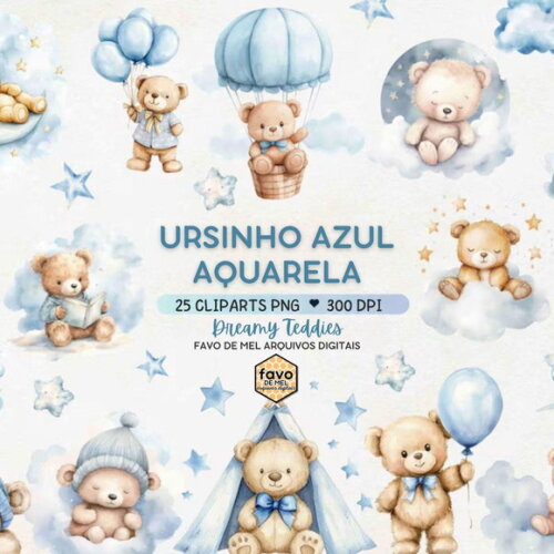 Kit Digital Ursinho Azul Aquarela #16 Sonhe Alto Premium