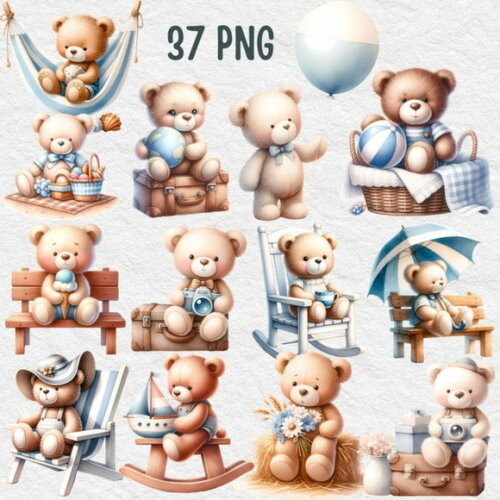 Kit Digital Ursinho Azul Aquarela #13 Cute Teddy Bear