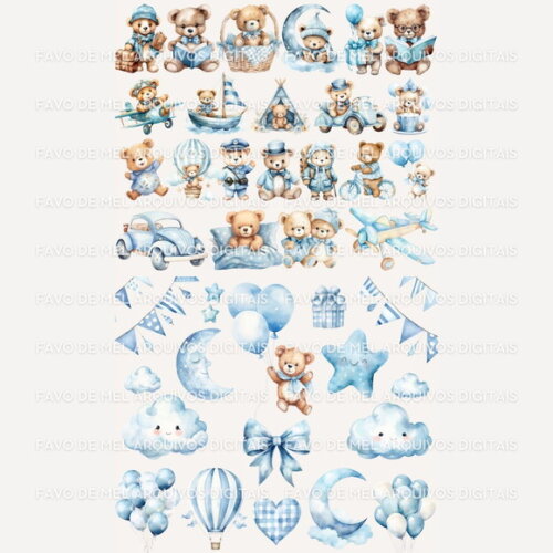 Kit Digital Ursinho Azul Aquarela #15 Blue Teddy Bear