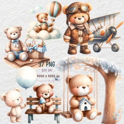 Kit Digital Ursinho Azul Aquarela #13 Cute Teddy Bear