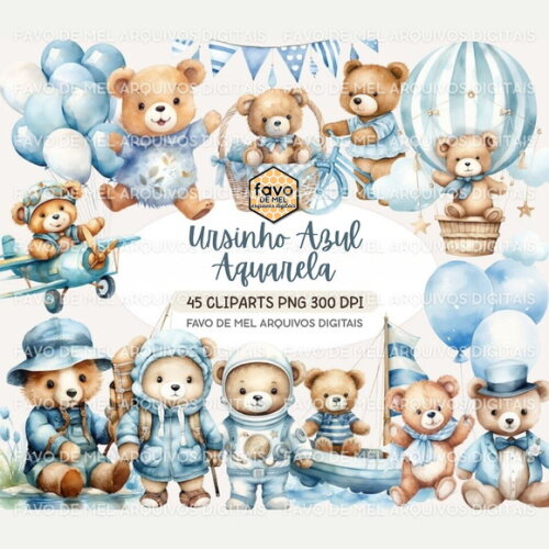 Kit Digital Ursinho Azul Aquarela #15 Blue Teddy Bear