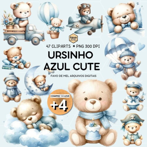 Kit Digital Ursinho Azul Aquarela #17