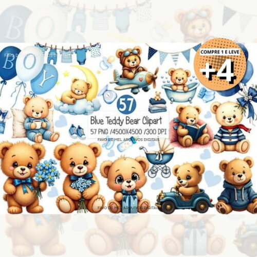 Kit Digital Ursinho Azul Aquarela #19 (pague 1 Leve +4) Png