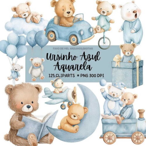 Kit Digital Ursinho Azul Aquarela #20 Png Fundo Branco