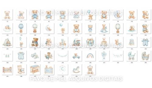 Kit Digital Ursinho Azul Aquarela #24 Png (pague 1 Leve 5)