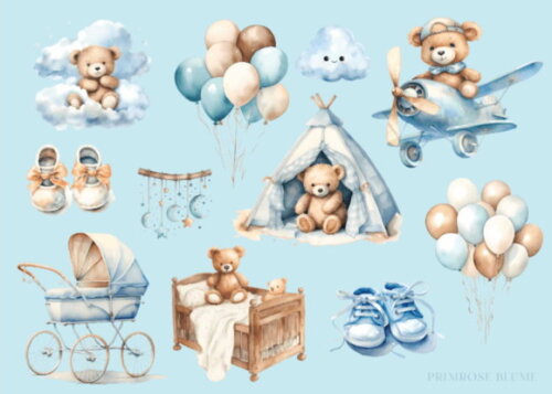 Kit Digital Ursinho Azul Aquarela #25 Png (pague 1 Leve 5)