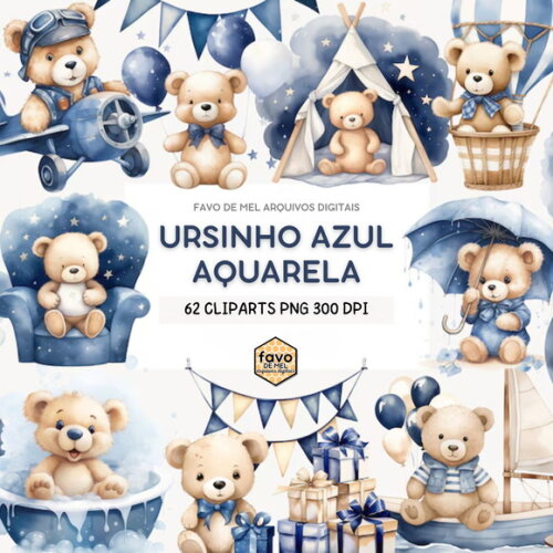 Kit Digital Ursinho Azul Aquarela #8 Png Premium