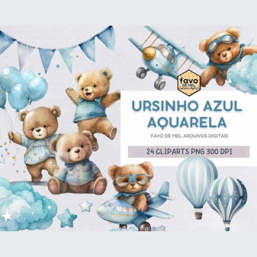 Kit Digital Ursinho Azul Aquarela Png Premium #9